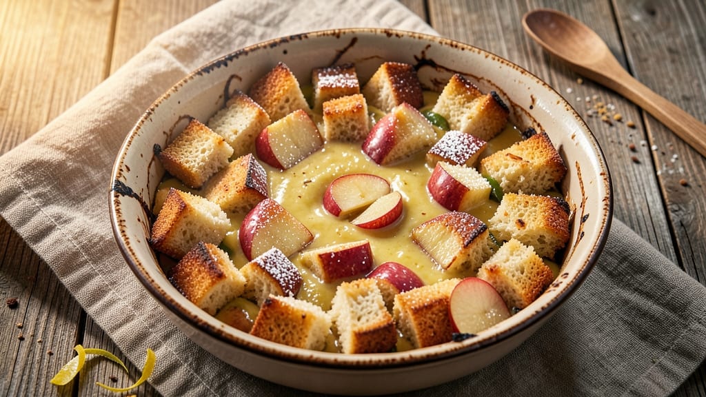 Apple Fritter Bread Pudding Recipe: Caramelized Cinnamon Crunch With Vanilla-Poached Apples